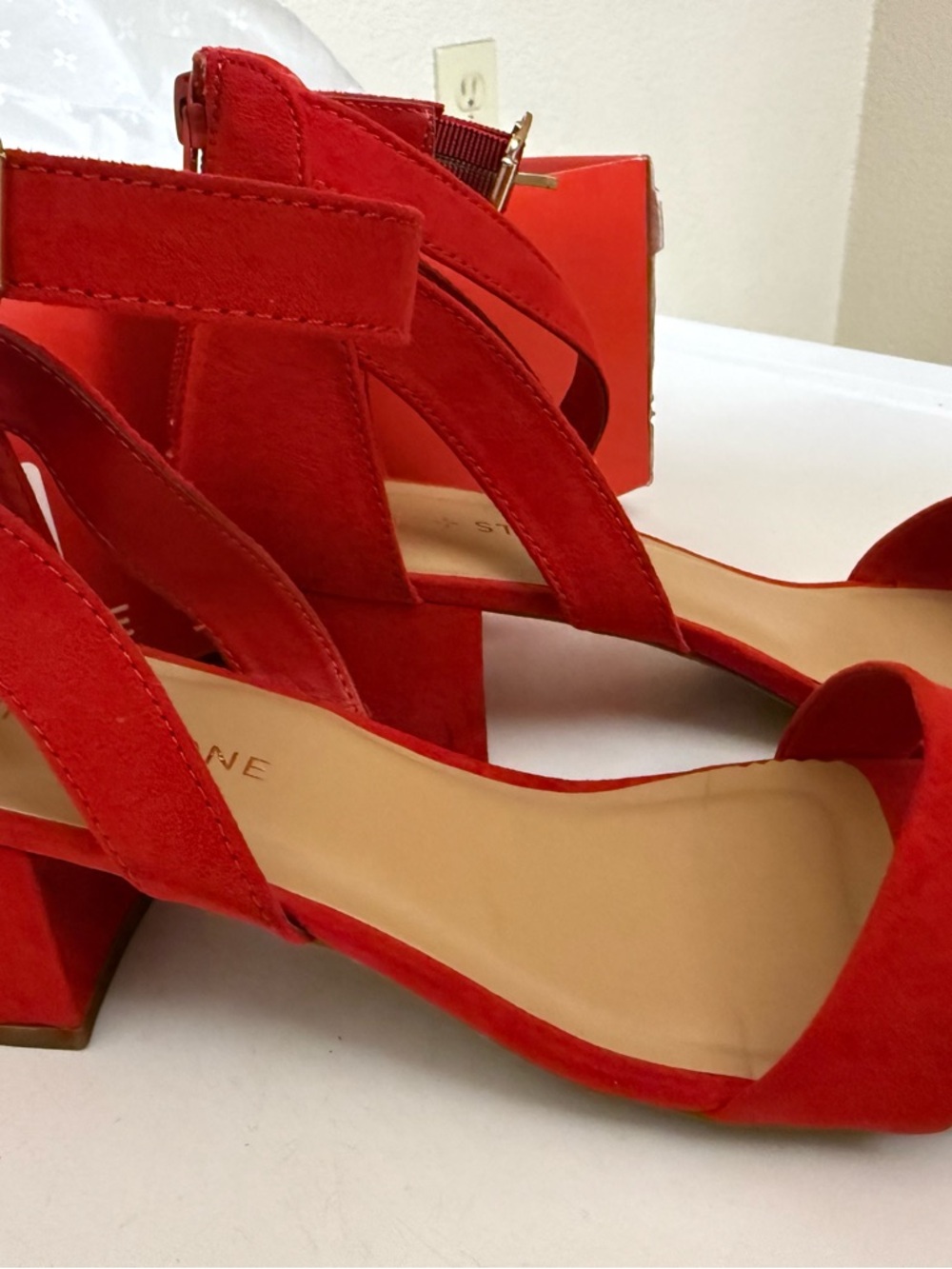 Sun + Stone Red Suede Block Heel Sandals - Picture 3 of 9
